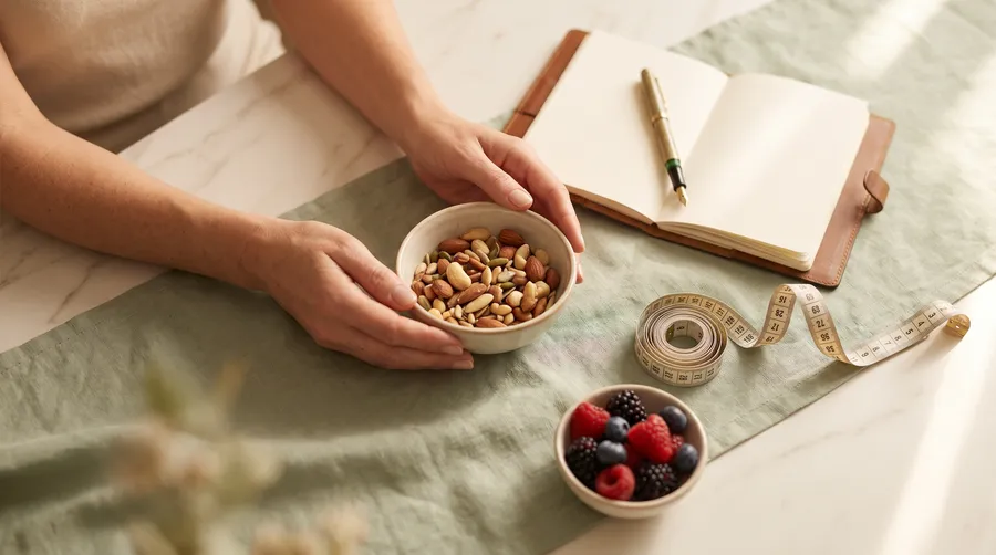 Editorial composition: a woman's hands holding a bowl of nuts and seeds beside an open notebook and a tape measure on sage-green linen — contemplative midlife wellness imagery.
