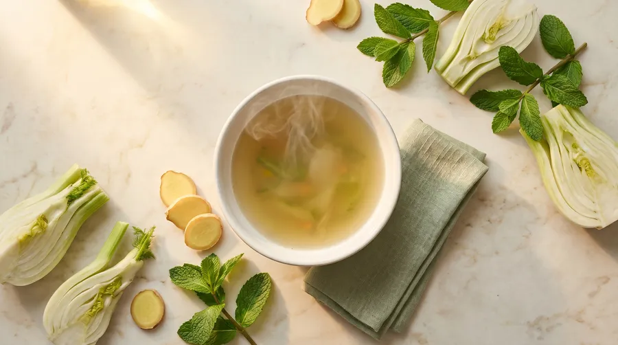 Top-down editorial photograph of a porcelain bowl of light vegetable broth surrounded by ginger, mint, and fennel — visual cue for the digestive-tract focus of the article.