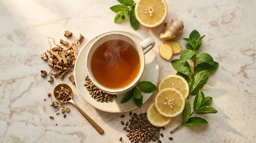Editorial flat lay of a teacup of golden herbal tea surrounded by dried dandelion root, milk thistle seeds, and fresh ginger — the actual evidenced ingredients beneath the marketing.